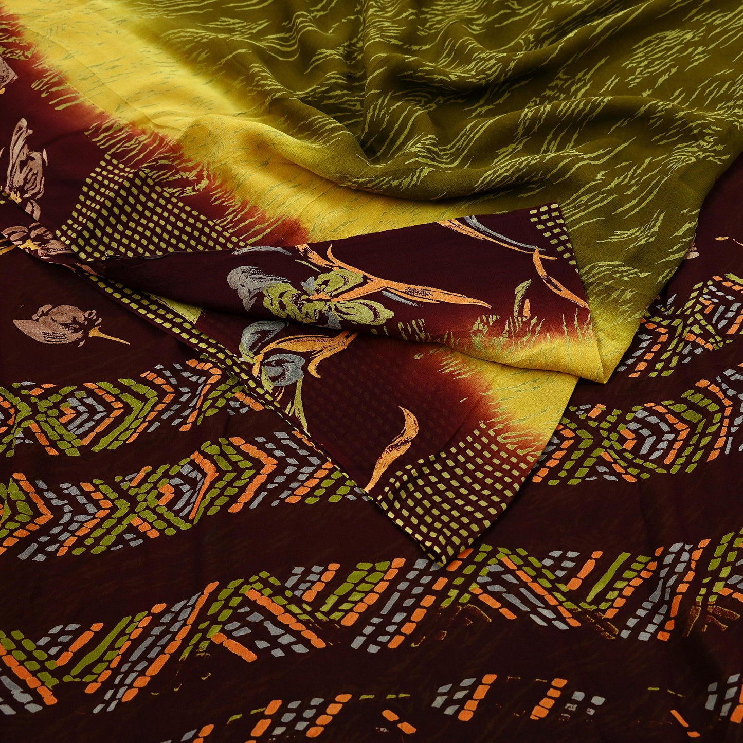 Women Vintage Sari Green & Brown Pure Georgette Silk Printed Saree Craft Fabric Sewing 5Yard Soft Light Dress Making Floral