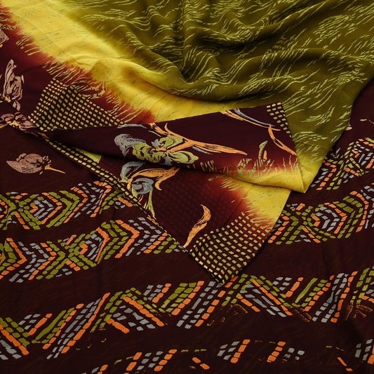 Women Vintage Sari Green & Brown Pure Georgette Silk Printed Saree Craft Fabric Sewing 5Yard Soft Light Dress Making Floral
