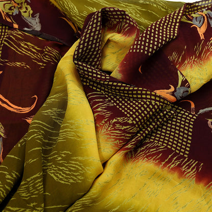 Women Vintage Sari Green & Brown Pure Georgette Silk Printed Saree Craft Fabric Sewing 5Yard Soft Light Dress Making Floral