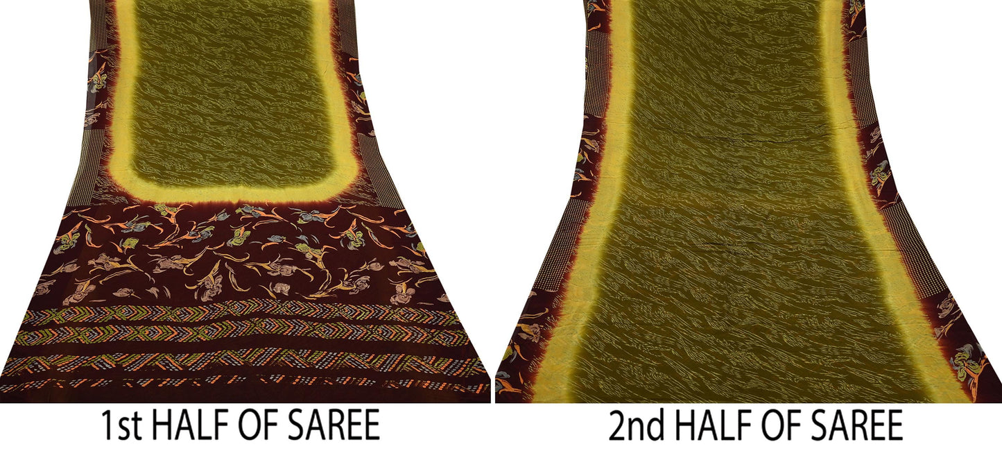 Women Vintage Sari Green & Brown Pure Georgette Silk Printed Saree Craft Fabric Sewing 5Yard Soft Light Dress Making Floral