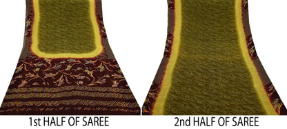 Women Vintage Sari Green & Brown Pure Georgette Silk Printed Saree Craft Fabric Sewing 5Yard Soft Light Dress Making Floral