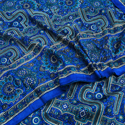 Indian Vintage Sari Blue 100% Pure Silk Printed Sarees 5yd Sewing Craft Fabric Dress Making Floral Wrap used Quilting Crafting Upcycle