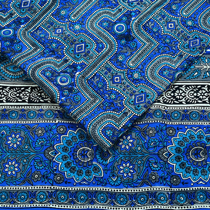 Indian Vintage Sari Blue 100% Pure Silk Printed Sarees 5yd Sewing Craft Fabric Dress Making Floral Wrap used Quilting Crafting Upcycle