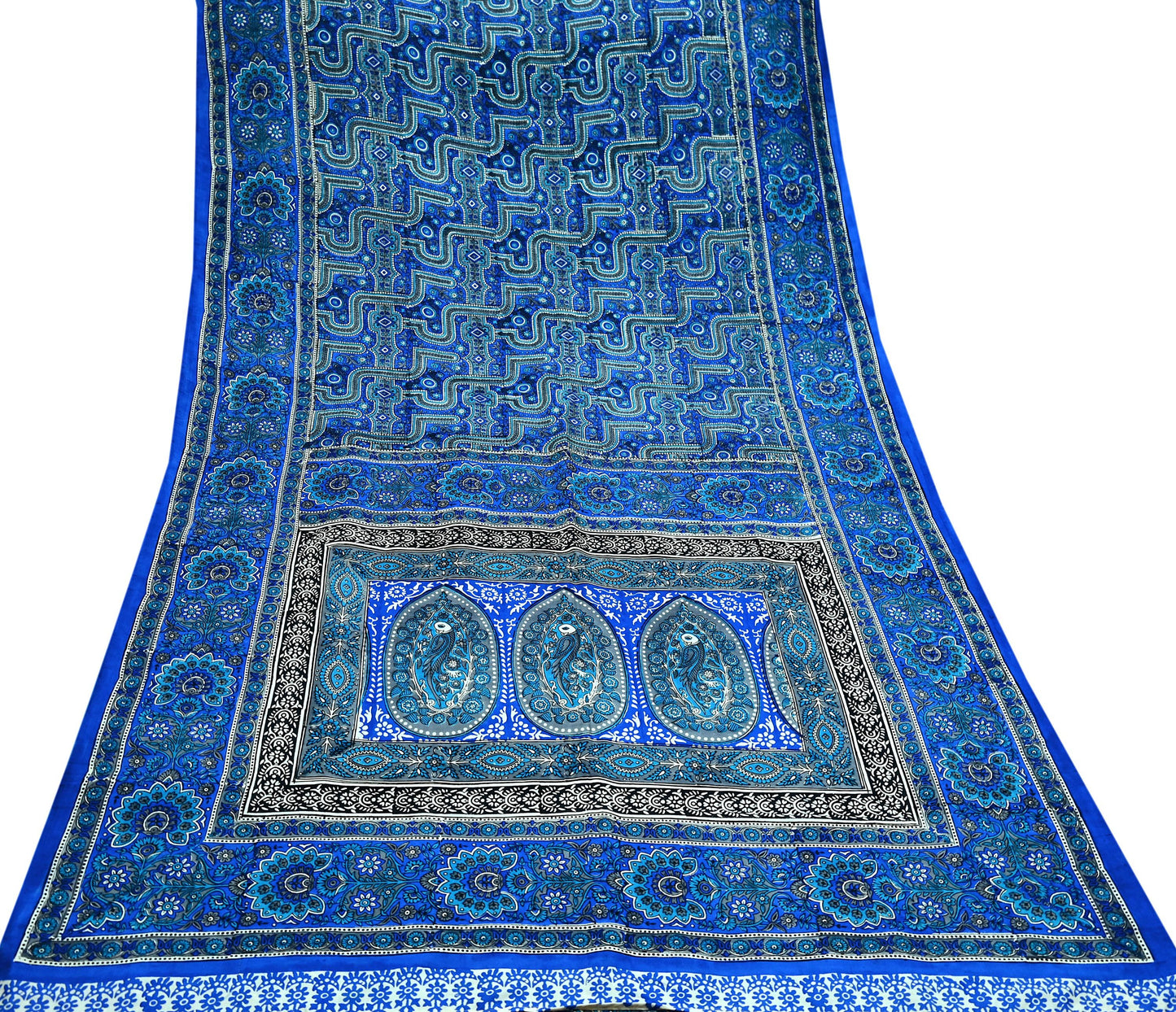 Indian Vintage Sari Blue 100% Pure Silk Printed Sarees 5yd Sewing Craft Fabric Dress Making Floral Wrap used Quilting Crafting Upcycle