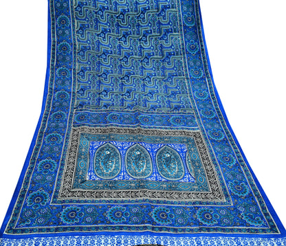 Indian Vintage Sari Blue 100% Pure Silk Printed Sarees 5yd Sewing Craft Fabric Dress Making Floral Wrap used Quilting Crafting Upcycle