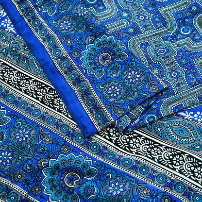 Indian Vintage Sari Blue 100% Pure Silk Printed Sarees 5yd Sewing Craft Fabric Dress Making Floral Wrap used Quilting Crafting Upcycle
