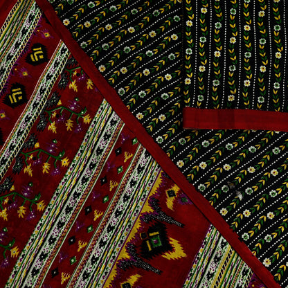 Indian Vintage Sari Black & Red Pure Silk Printed Sarees 5yd Sewing Craft Fabric Dress Making Soft For Crafting Quilting Upcycle