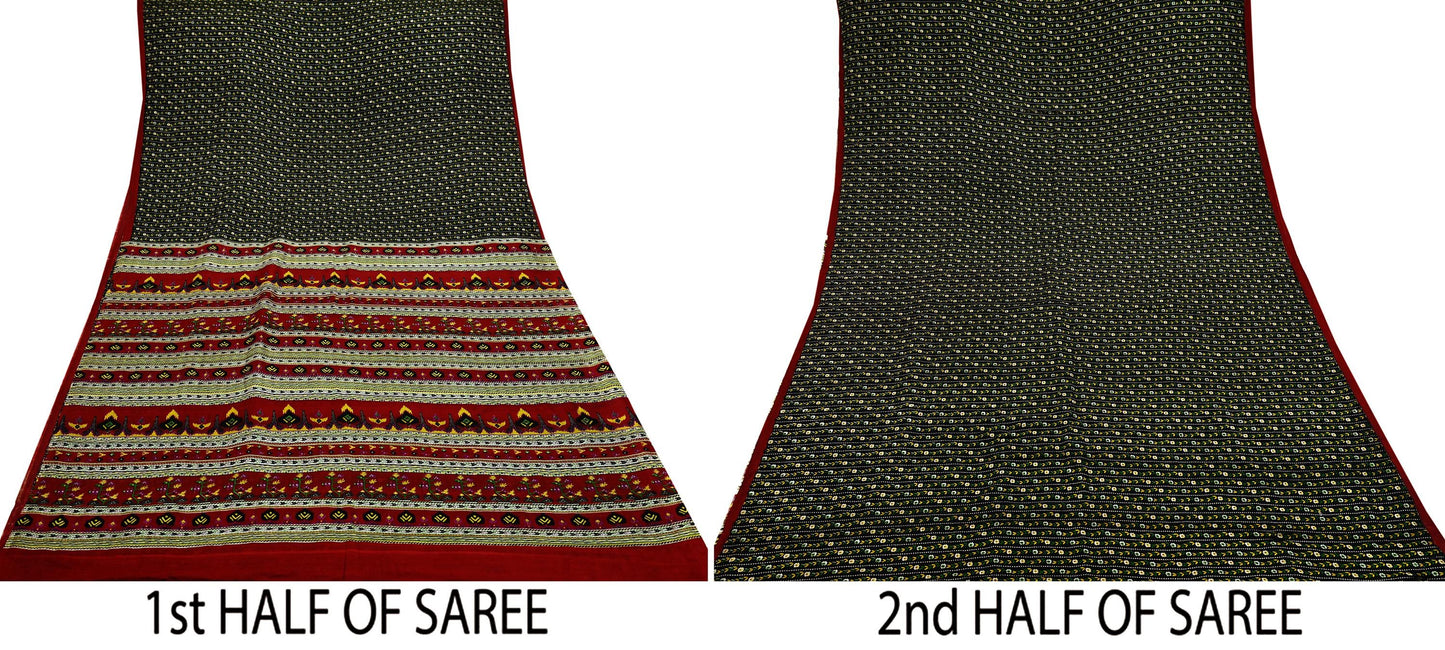 Indian Vintage Sari Black & Red Pure Silk Printed Sarees 5yd Sewing Craft Fabric Dress Making Soft For Crafting Quilting Upcycle