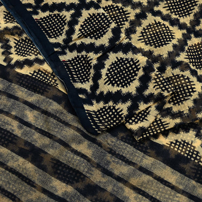 Indian Vintage Sari Beige & Black Printed Pure Cotton Sarees Fabric Floral 5Yd Sarong Wrap Boho Fabric Kimono Soft Dress making Crafting