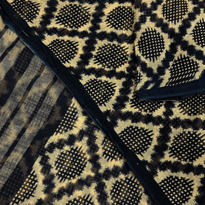 Indian Vintage Sari Beige & Black Printed Pure Cotton Sarees Fabric Floral 5Yd Sarong Wrap Boho Fabric Kimono Soft Dress making Crafting