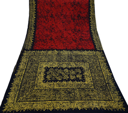 Indian Vintage Sari Black & Red Batik Printed Pure Cotton Saree Craft Fabric 5Yd Sewing Soft Sarong Wrap Boho Dress Making Quilting Crafting