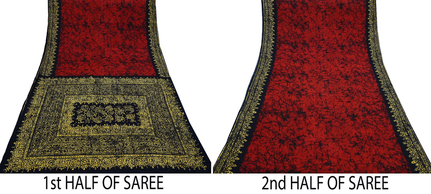 Indian Vintage Sari Black & Red Batik Printed Pure Cotton Saree Craft Fabric 5Yd Sewing Soft Sarong Wrap Boho Dress Making Quilting Crafting