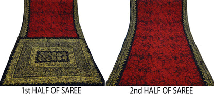 Indian Vintage Sari Black & Red Batik Printed Pure Cotton Saree Craft Fabric 5Yd Sewing Soft Sarong Wrap Boho Dress Making Quilting Crafting