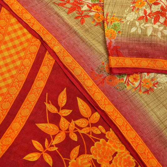 Indian Vintage Red & Beige Saree Printed 100% Pure Cotton Sari Craft Fabric 5Yd Soft Sewing Sarong Wrap Dress Making Quilting Crafting
