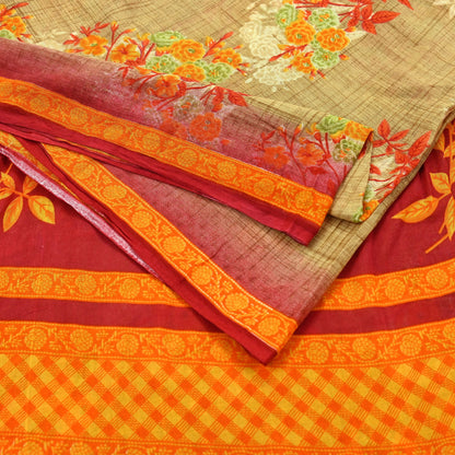 Indian Vintage Red & Beige Saree Printed 100% Pure Cotton Sari Craft Fabric 5Yd Soft Sewing Sarong Wrap Dress Making Quilting Crafting