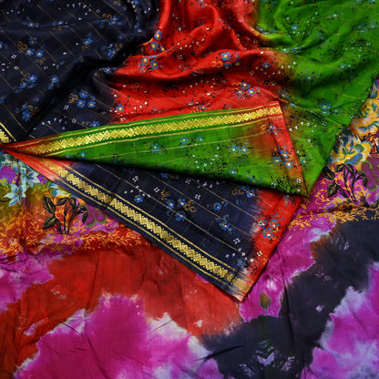 Indian Vintage Multi Saree 100% Pure Silk Printed Sari Craft Fabric 5yd Sewing Dress Making Soft Floral Crafting Quilting Upcycle Zari