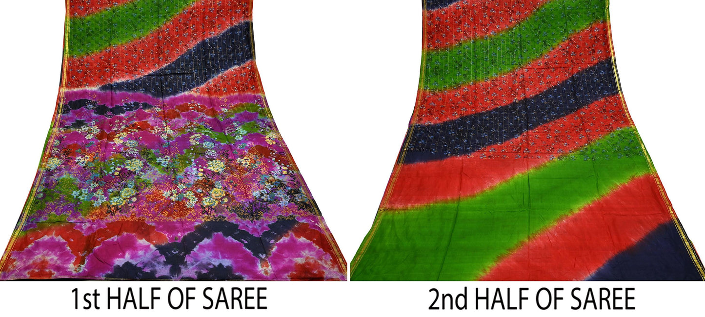 Indian Vintage Multi Saree 100% Pure Silk Printed Sari Craft Fabric 5yd Sewing Dress Making Soft Floral Crafting Quilting Upcycle Zari