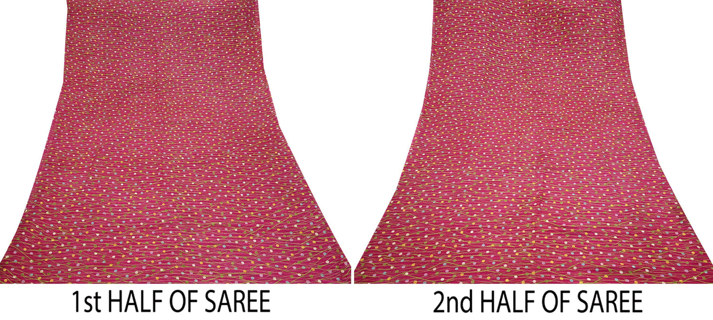 Indian Vintage Sari Pink 100% Pure Silk Woven Printed Sarees Craft Fabric 5yd Sewing Dress Making Floral Upcycle Quilting Crafting Used