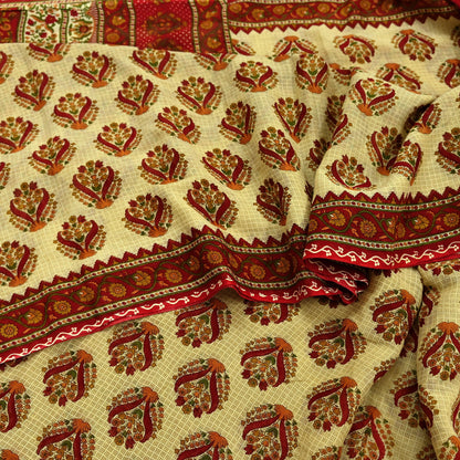 Indian Vintage Red & Beige Saree Printed 100% Pure Cotton Sari Craft Fabric 5Yd Soft Sewing Sarong Wrap Dress Making Quilting Crafting