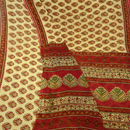 Indian Vintage Red & Beige Saree Printed 100% Pure Cotton Sari Craft Fabric 5Yd Soft Sewing Sarong Wrap Dress Making Quilting Crafting