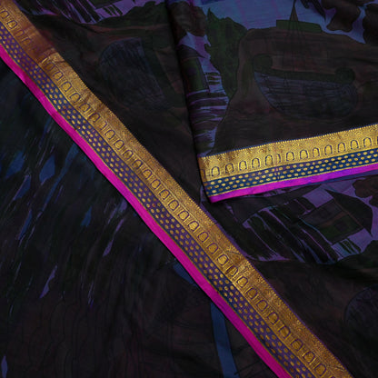 Indian Vintage Blue & Purple Sarees 100% Pure Silk Printed Sari 6yd Sewing Craft Fabric DressMaking Soft For Crafting Quilting Upcycle