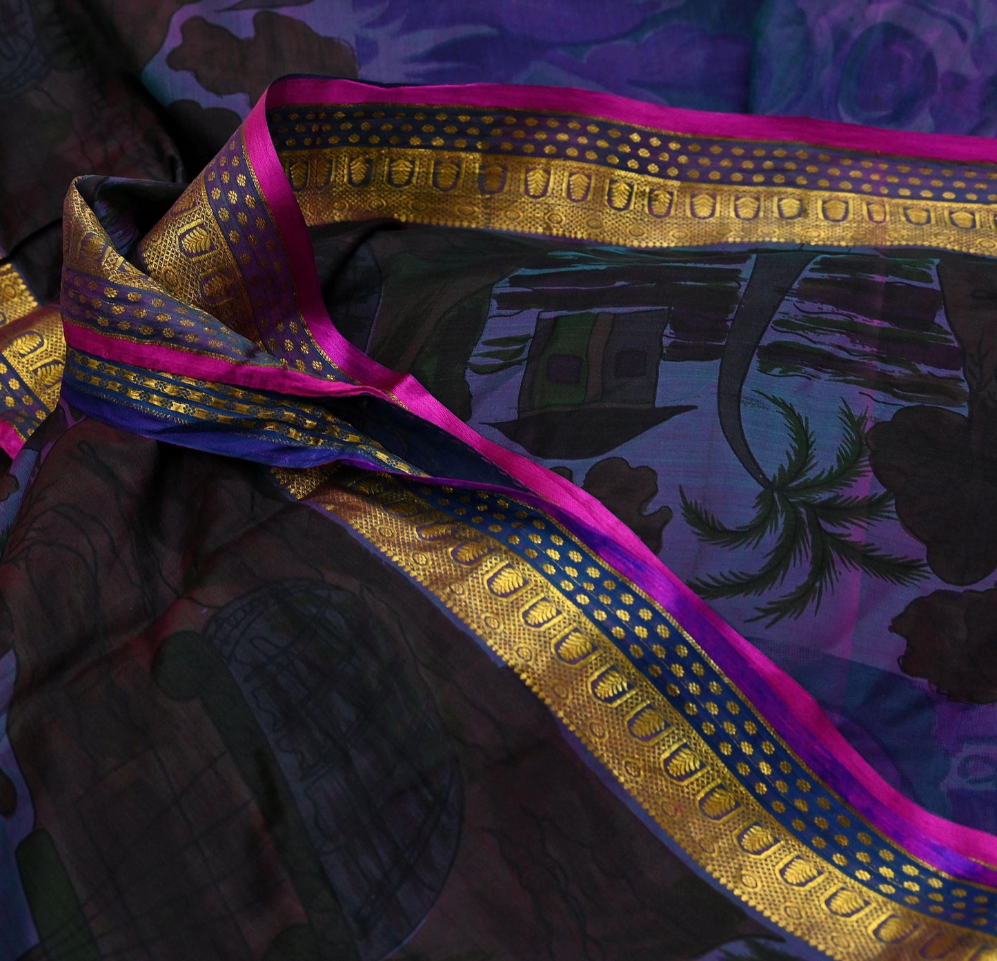 Indian Vintage Blue & Purple Sarees 100% Pure Silk Printed Sari 6yd Sewing Craft Fabric DressMaking Soft For Crafting Quilting Upcycle