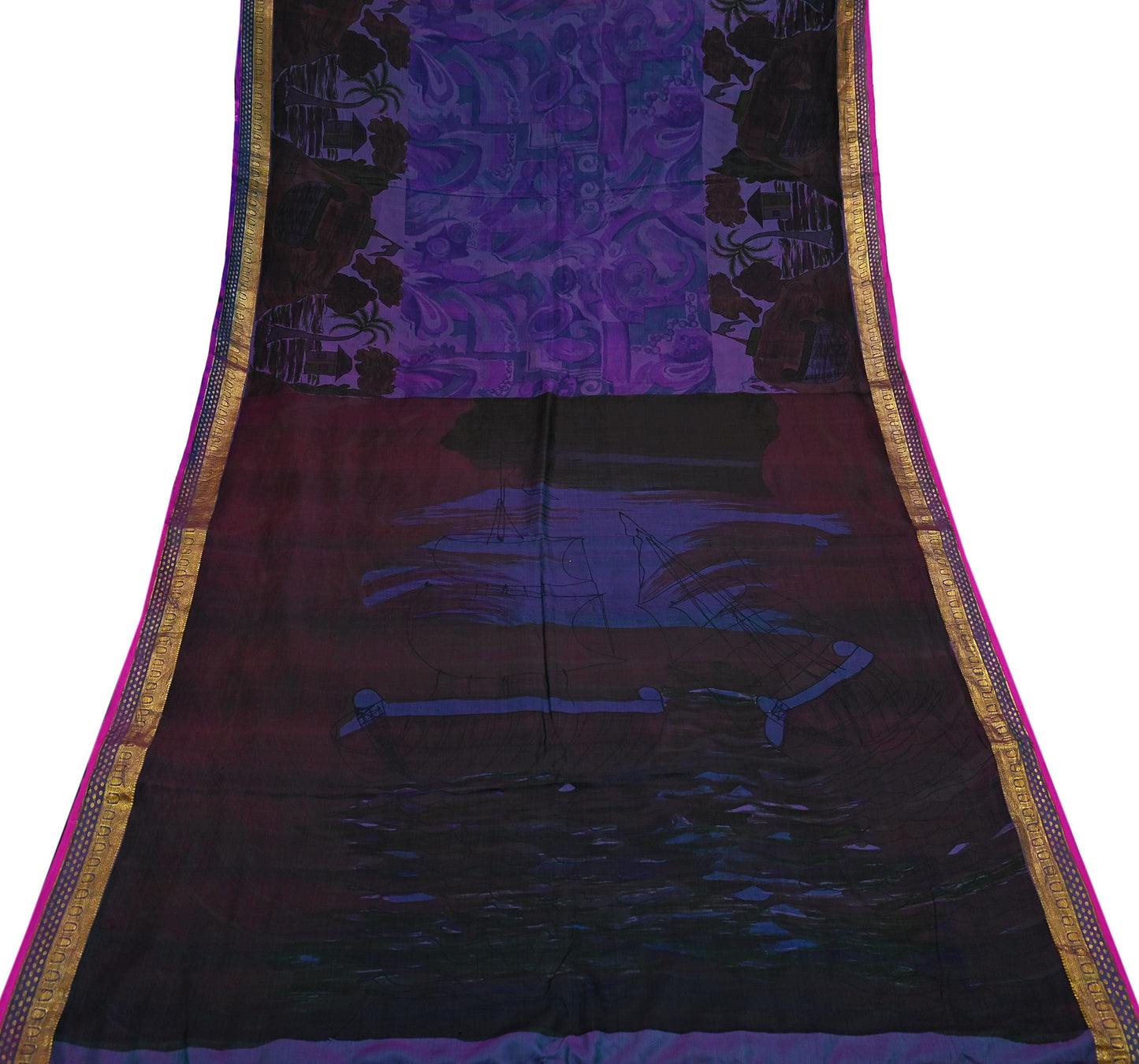 Indian Vintage Blue & Purple Sarees 100% Pure Silk Printed Sari 6yd Sewing Craft Fabric DressMaking Soft For Crafting Quilting Upcycle