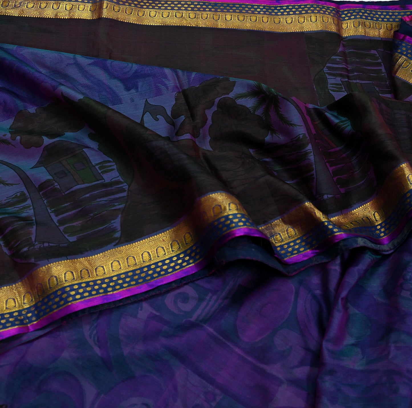 Indian Vintage Blue & Purple Sarees 100% Pure Silk Printed Sari 6yd Sewing Craft Fabric DressMaking Soft For Crafting Quilting Upcycle