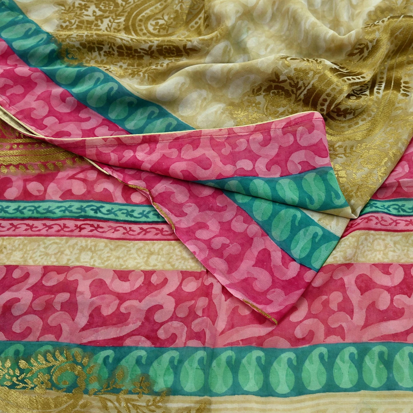 Indian Women Vintage Sari Beige & Pink Pure Georgette Silk Printed Saree Sewing 5yd Soft Craft Fabric Floral Wrap Boho Zari Dress making