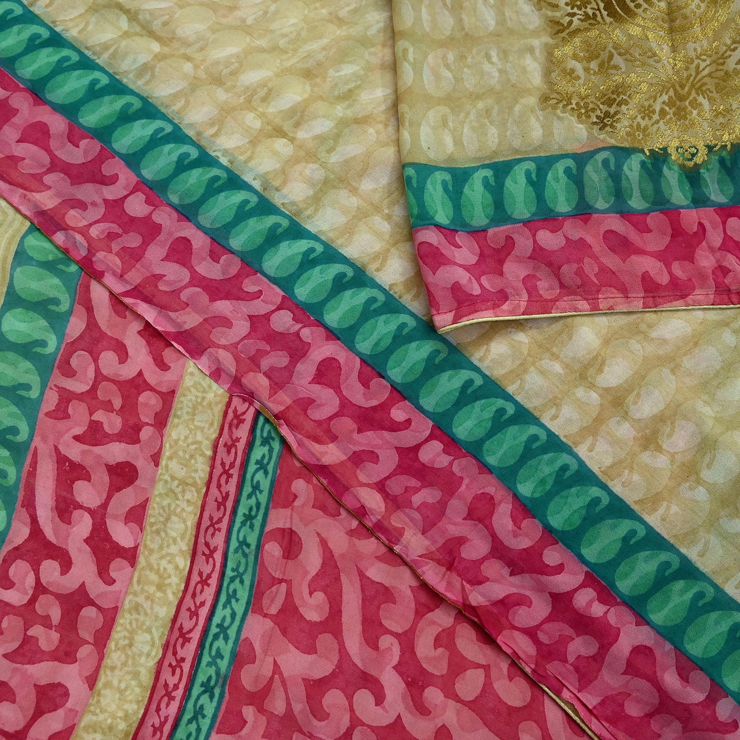 Indian Women Vintage Sari Beige & Pink Pure Georgette Silk Printed Saree Sewing 5yd Soft Craft Fabric Floral Wrap Boho Zari Dress making