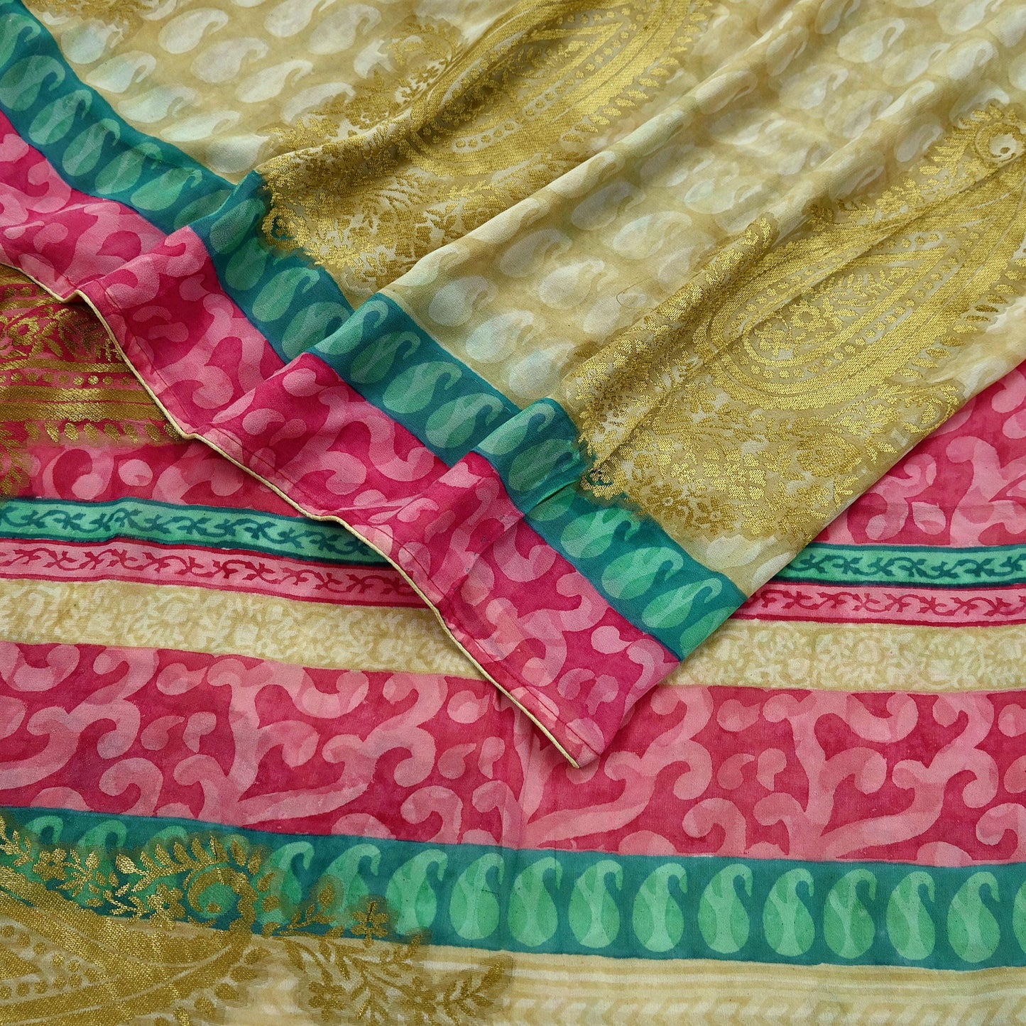 Indian Women Vintage Sari Beige & Pink Pure Georgette Silk Printed Saree Sewing 5yd Soft Craft Fabric Floral Wrap Boho Zari Dress making