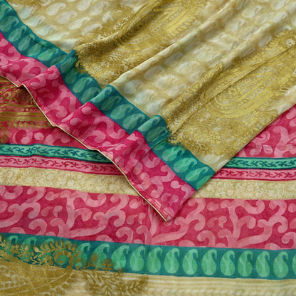 Indian Women Vintage Sari Beige & Pink Pure Georgette Silk Printed Saree Sewing 5yd Soft Craft Fabric Floral Wrap Boho Zari Dress making
