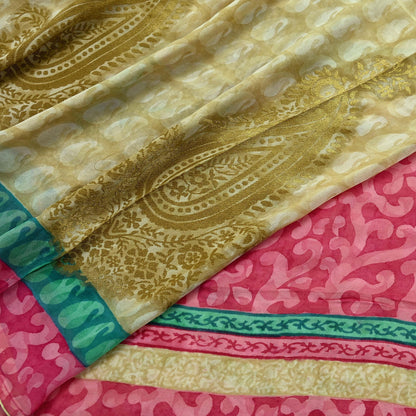 Indian Women Vintage Sari Beige & Pink Pure Georgette Silk Printed Saree Sewing 5yd Soft Craft Fabric Floral Wrap Boho Zari Dress making