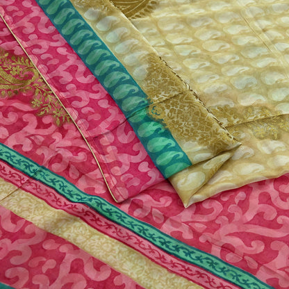 Indian Women Vintage Sari Beige & Pink Pure Georgette Silk Printed Saree Sewing 5yd Soft Craft Fabric Floral Wrap Boho Zari Dress making