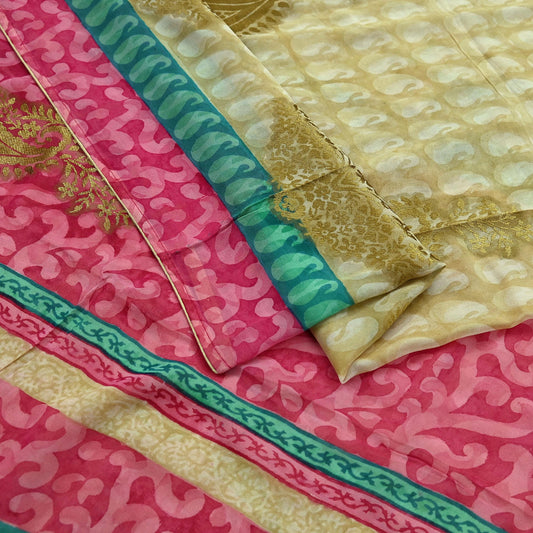 Indian Women Vintage Sari Beige & Pink Pure Georgette Silk Printed Saree Sewing 5yd Soft Craft Fabric Floral Wrap Boho Zari Dress making