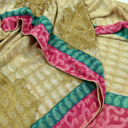 Indian Women Vintage Sari Beige & Pink Pure Georgette Silk Printed Saree Sewing 5yd Soft Craft Fabric Floral Wrap Boho Zari Dress making