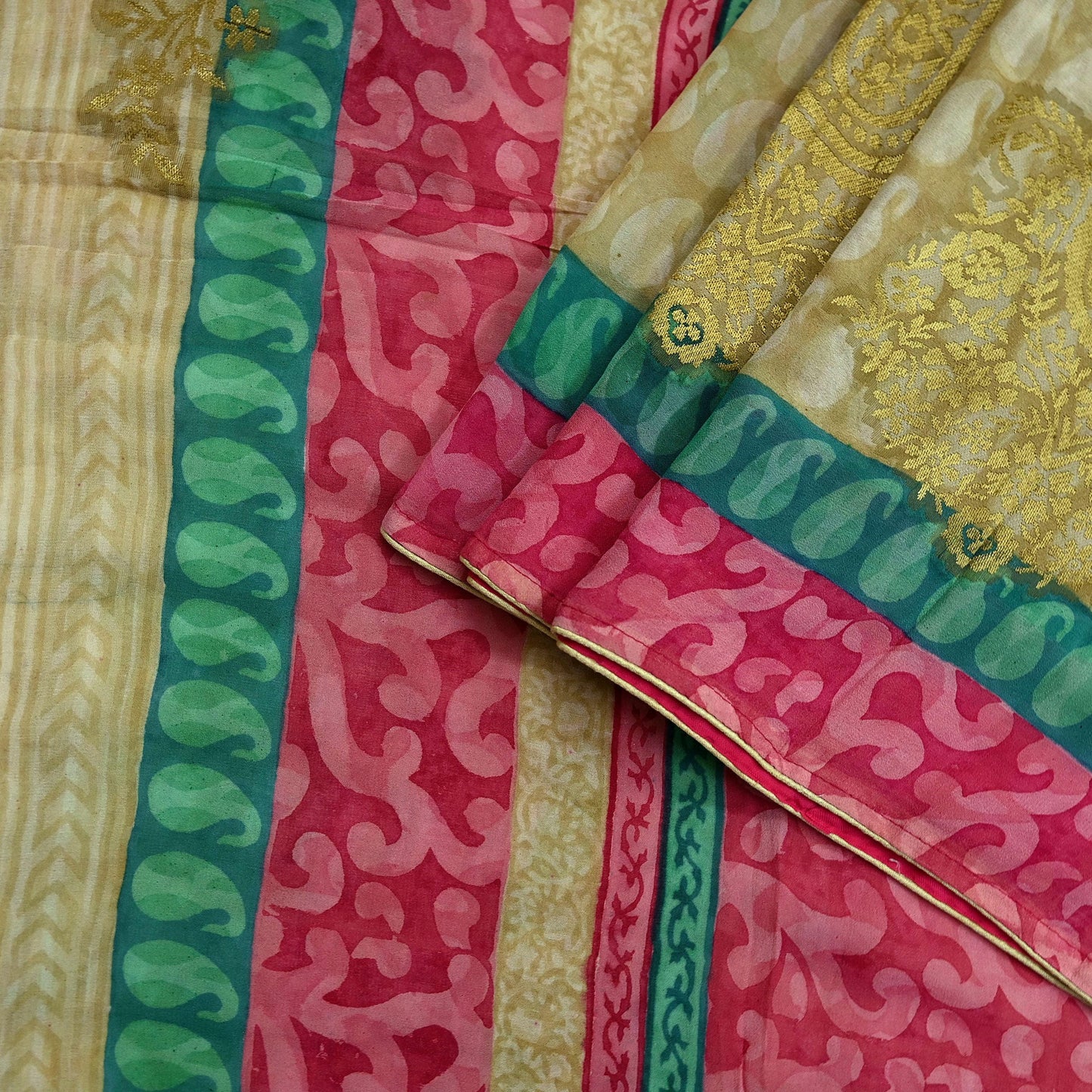 Indian Women Vintage Sari Beige & Pink Pure Georgette Silk Printed Saree Sewing 5yd Soft Craft Fabric Floral Wrap Boho Zari Dress making