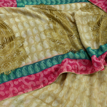 Indian Women Vintage Sari Beige & Pink Pure Georgette Silk Printed Saree Sewing 5yd Soft Craft Fabric Floral Wrap Boho Zari Dress making