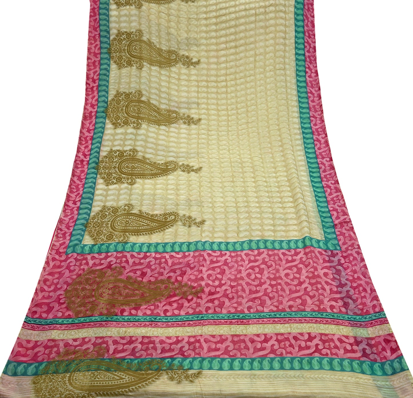 Indian Women Vintage Sari Beige & Pink Pure Georgette Silk Printed Saree Sewing 5yd Soft Craft Fabric Floral Wrap Boho Zari Dress making
