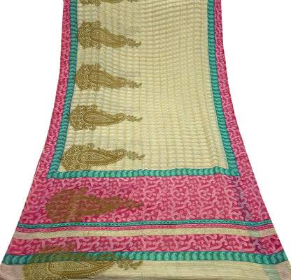 Indian Women Vintage Sari Beige & Pink Pure Georgette Silk Printed Saree Sewing 5yd Soft Craft Fabric Floral Wrap Boho Zari Dress making