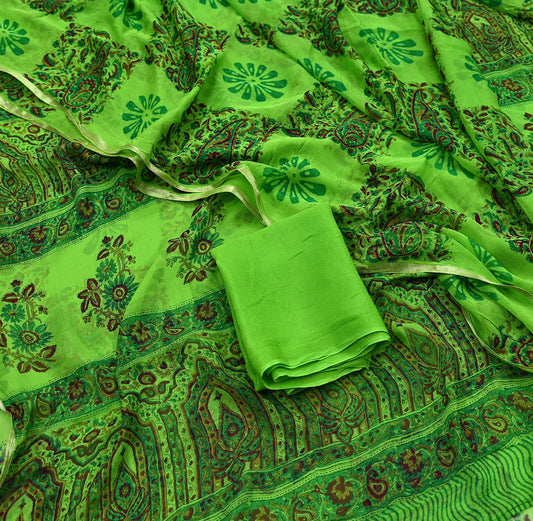 Indian Women Vintage Green Sarees Blend Chiffon Printed Sari Sewing 5yd Soft Craft Fabric Floral Wrap Boho Zari Quilting Blouse Fabric