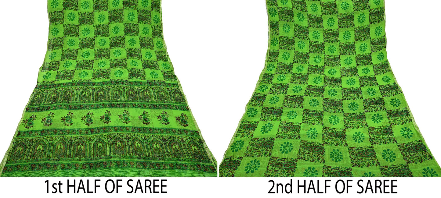 Indian Women Vintage Green Sarees Blend Chiffon Printed Sari Sewing 5yd Soft Craft Fabric Floral Wrap Boho Zari Quilting Blouse Fabric