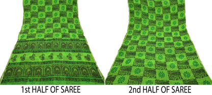 Indian Women Vintage Green Sarees Blend Chiffon Printed Sari Sewing 5yd Soft Craft Fabric Floral Wrap Boho Zari Quilting Blouse Fabric