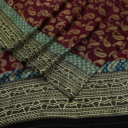 Indian Women Vintage Maroon & Black Saree 100% Pure Georgette Silk Printed Sari Sewing 5yd Soft Craft Fabric Stripes Dress Making Crafting