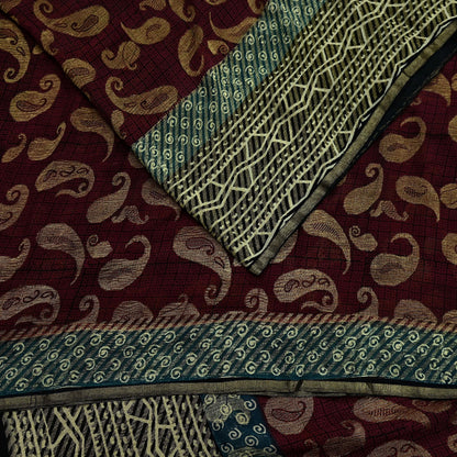 Indian Women Vintage Maroon & Black Saree 100% Pure Georgette Silk Printed Sari Sewing 5yd Soft Craft Fabric Stripes Dress Making Crafting