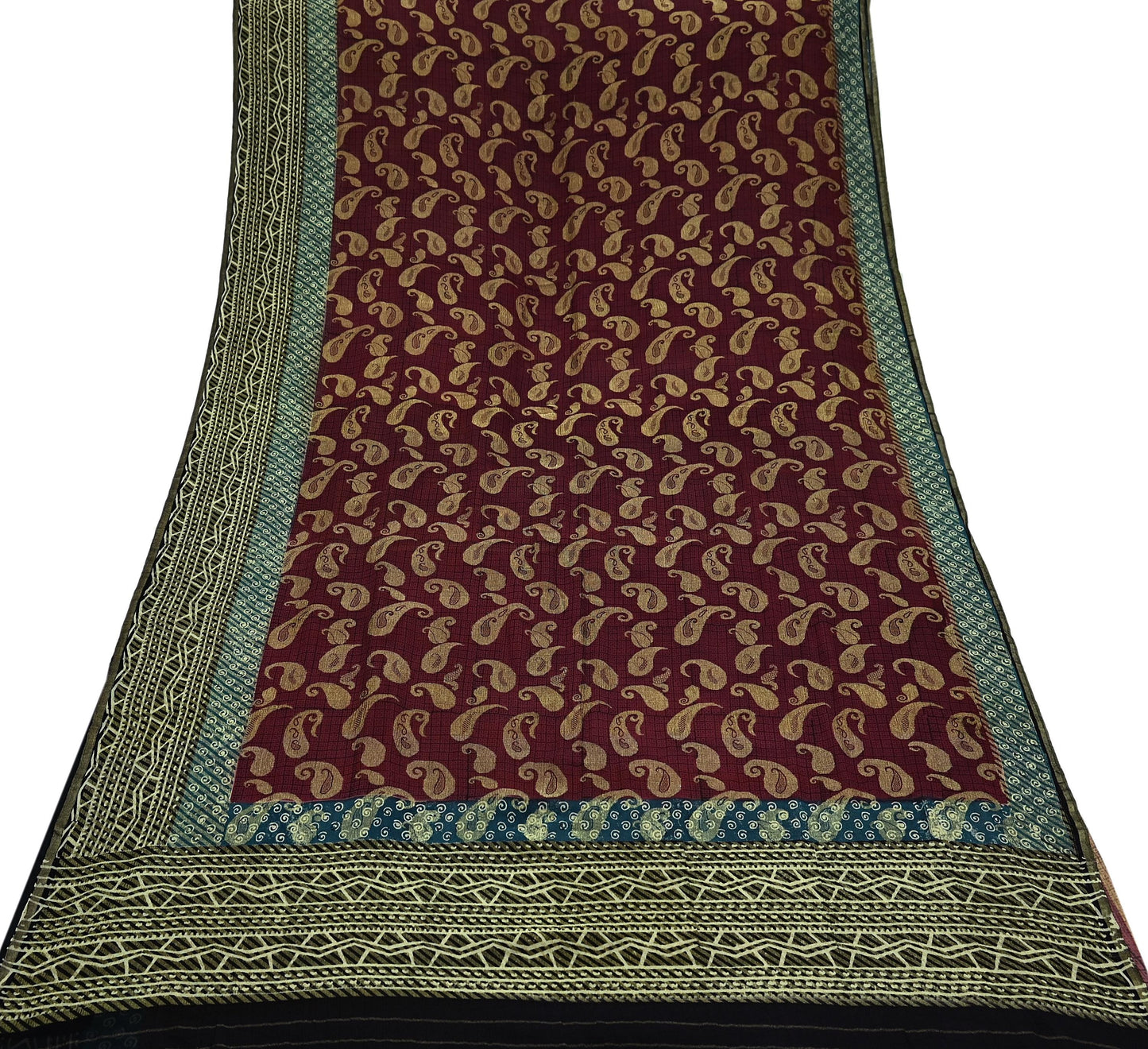 Indian Women Vintage Maroon & Black Saree 100% Pure Georgette Silk Printed Sari Sewing 5yd Soft Craft Fabric Stripes Dress Making Crafting