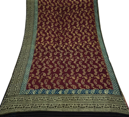 Indian Women Vintage Maroon & Black Saree 100% Pure Georgette Silk Printed Sari Sewing 5yd Soft Craft Fabric Stripes Dress Making Crafting