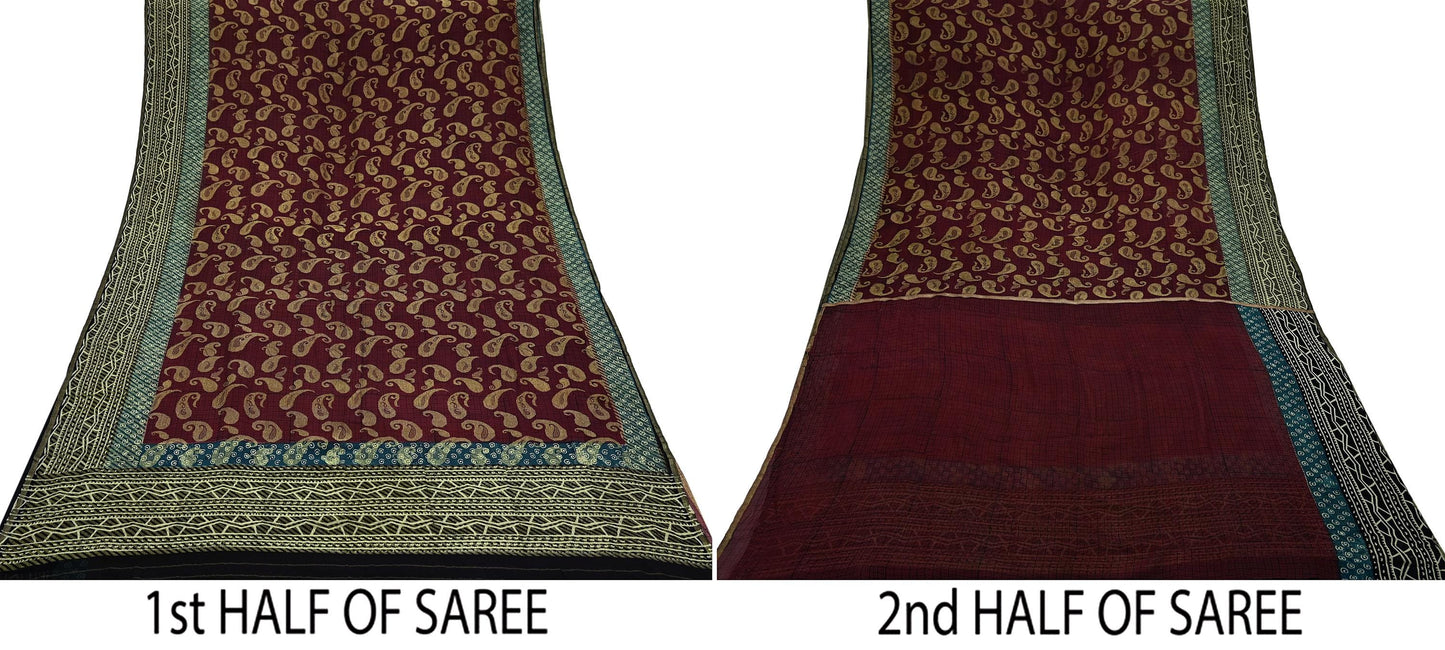 Indian Women Vintage Maroon & Black Saree 100% Pure Georgette Silk Printed Sari Sewing 5yd Soft Craft Fabric Stripes Dress Making Crafting