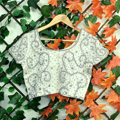 Indian Pre-owned Heavy White Hand Embroidered Blouse/Top/Crop M Size Party wear Bollywood