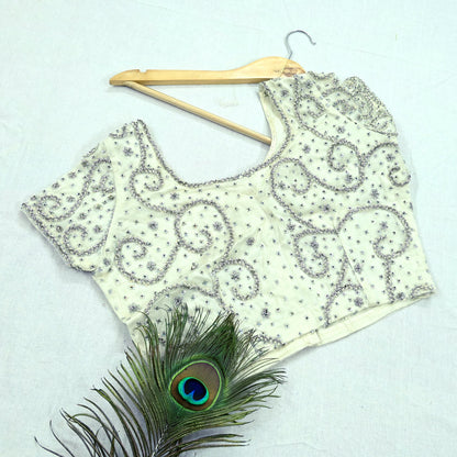 Indian Pre-owned Heavy White Hand Embroidered Blouse/Top/Crop M Size Party wear Bollywood